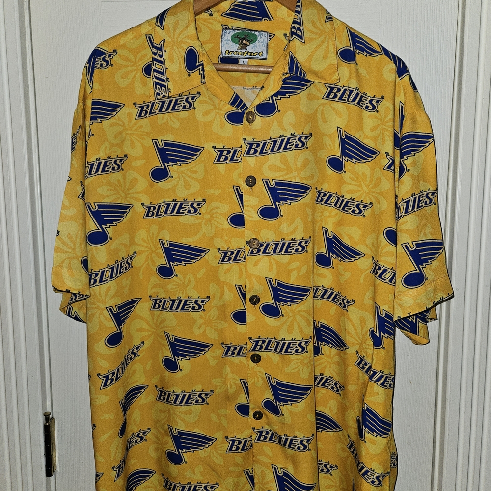 Men's VINTAGE Blues Hockey Hawaiian Short Sleeve Shirt Button Down Shirt Large